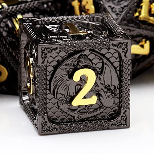 Haxtec Metal DND Dice Set Black Gold Metal D&D Dice with Fire-Breathing Dragon Elements & Leather Dice Bag Polyhedral Dice Compatible with Dungeons and Dragons TTRPG Gifts