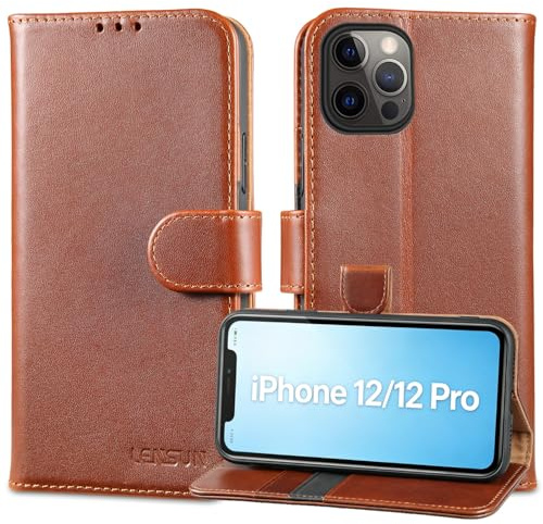 LENSUN Echtleder Hülle für iPhone 12, iPhone 12 Pro Dunkelbraun | Echtes Leder Handyhülle, 3 Kartenfächer, RFID Blocker Etui, Handytasche Lederhülle
