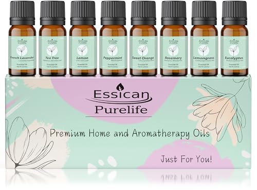 Essican Purelife Natural Essential Oil Set 8 x 10ml - 100% Pure Essential Oils for Skin Care, Relaxation, Aromatherapy, Humidifier, Home Fragrance Gift Set for Relaxation and Wellness