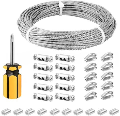 ZONADAH 3mm 30M 304 Stainless Steel Vinyl Coated Hanging Wire Cable Kit with Thimbles Crimping Sleeves Wire Rope Clips for Garden Plants Supporting, Picture Lights Hanging Clotheslines Rigging Wire