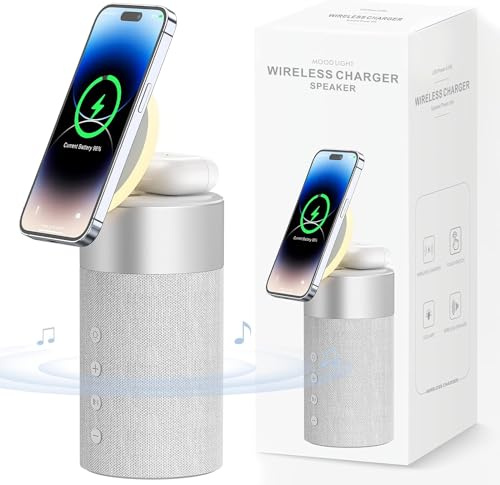 COLSUR Bluetooth Lautsprecher, Magnetic Kabelloses Ladegerät, Bluetooth Lautsprecher mit Nachtlicht, 3-in-1 Magnetisches Wireless Charger für iPhone 17/16/15/14/13/12 Serie, AirPods Pro/4/3/2