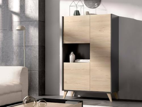 Dmora - Credenza Boario, Buffet alto da soggiorno, Madia moderna da salotto a 3 ante, 81x43h135 cm, Rovere e Antracite