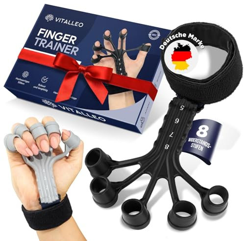 VITALLEO Handtrainer Set - Steigerung der Griffkraft - 8 Widerstandsstufen, Unterarmtrainer - Rehabilitation und Prävention - Qualitäts Fingertrainer