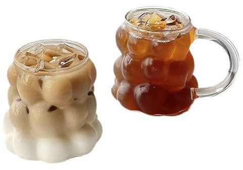 2 Pcs Glass Drinking Glasses18oz Glass Ice Coffee Cup Mugs Creative Grape Shape Iced Tea Glasses Juice Drinking Cups Cute Bubble Glasses Ripple Glassware for Beverages Coctail Milk Soda