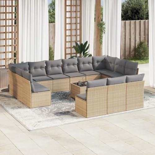 ULUYYUC 14-TLG. Garten-Sofagarnitur, Bodensofa Gartenmöbel Set Terrassenmöbel Küchensofa Geeignet für Balkon Hinterhof Garten Außenbereich mit Kissen Beige Poly Rattan