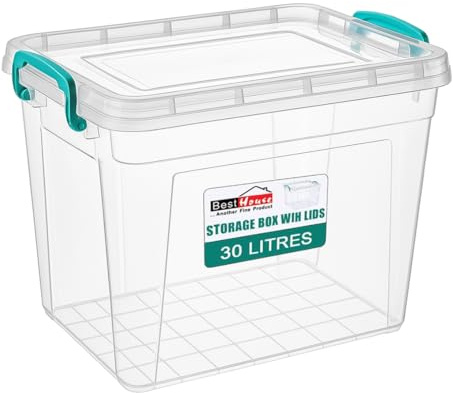 BH | Plastic Storage Box with Lids | 30 Litres | Pack of 1 | L 49.2cm x W 32.5cm x H 28.7 cm | Rectangle | Stackable Clear Durable Multipurpose Office Home Kitchen Tools (MEDIUM Size) - By BEST HOUSE