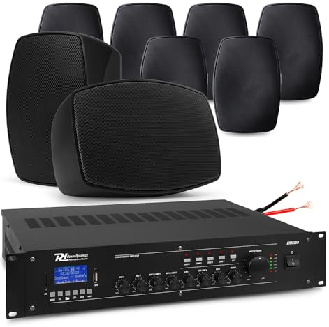 Power Dynamics PD 8x 5.25 BHW50BK Black Wall Speakers System with 4-Zone PRM360 Mixer Amplifier, Weatherproof IPX5, Commercial Background Music for Restaurant, Pub, Bluetooth & MP3 Playback