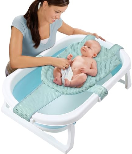 ALLOMN Babybadenetz, Rutschfester Badesitz für Neugeborene mit Verstellbarem Schwammkissennetz für die Badewanne, Weiches Babybadesitzstütznetz mit 5 Sicherheitsstützecken für 0-24 Monate (Grün)
