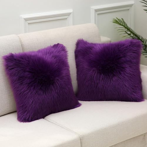Luxurious Faux Fur Cushion Covers Pack Of 2 Fluffy Soft Pillow Cases,Plush Throw Pillow Covers For Protector Sofa Bedroom Car Holiday Home Decorative Cushion Case(Roland purple,40x40 cm Set of 2)