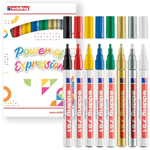edding 751 gloss paint marker - basic colours - pack of 8 paint markers - round nib 1-2 mm - paint pen for glass, pebbles, wood, plastic, paper - waterproof, high coverage