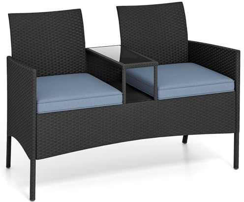 COSTWAY 2-Seater Rattan Chair with Glass Coffee Table and Removable Cushion, Outdoor Garden Patio Wicker Loveseat Conversation Furniture Set Partner Bench (Black + Grey)