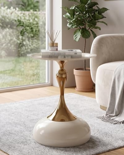 Soayone Moderne Beistelltisch Rund Weiß, Leichter Kleiner Beistelltisch Gold, Wohnzimmertisch Rund aus Metall, Couchtisch Vintage