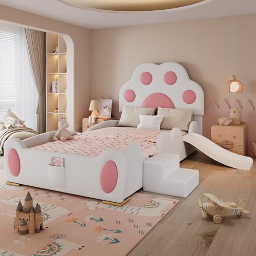 Merax Lit capitonné pour enfant 90 x 200 cm, cadre simple avec tête de lit de pattes de chat, petit escalier et toboggan, sommier à lattes stable, joli lit pour fille, lit d'adolescent, lit de sol, en