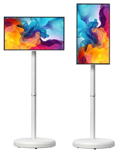 Hydravex Monitor Touchscreen Intelligente da 21,5 Pollici, Supporto TV Portatile 1080p su Ruote, Android 14, Batteria Integrata da 6000 mAh, Monitor Girevole e Girevole White-4+64G