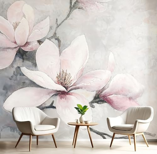Light Gray Silk Wallpaper 350×256 Cm, Oil Painting Magnolia Wallpaper, Paper Waterproof Self Adhesive Removable Simple Flowers Wall Paper for Bedroom Walls Cabinet Locker