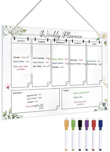 Acrylic Dry Erase Weekly Planner - Clear Wall Board, Transparent Calendar Organizer, Reusable Writing Surfaces | Whiteboard for Home Office Kitchen Planning Weekly Tasks Notes and Reminders