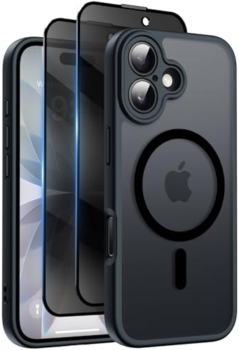 Qasyfanc Funda Magnética para iPhone 17 Compatible MagSafe con 2 Privacidad Cristal Templado Antiespia, Protección de Cámara Carcasa Translúcida Mate Trasera, Fina Antigolpes Negro