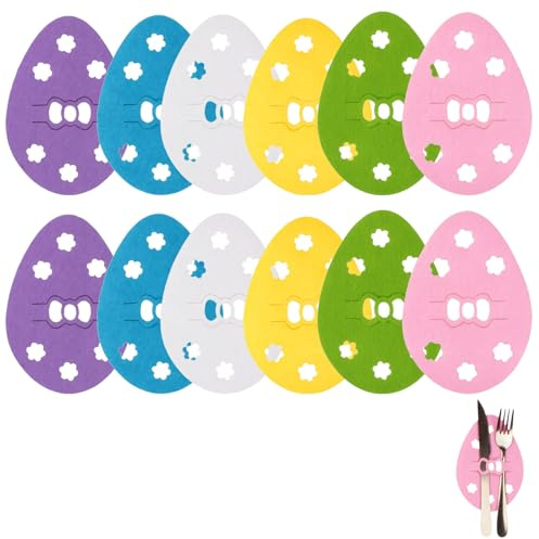 Oster Tischdeko Set, 12 Stück, Filz Bestecktasche, Oster-Ei Design, Multifunktionale Deko für Ostern, Party & Familienessen, Bunt (Gelb, Pink, Weiß, Blau, Grün, Lila)
