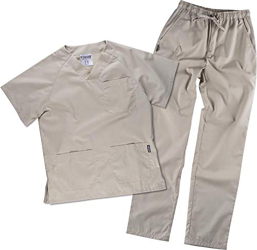 WORKTEAM Conjunto Sanitario Casaca y Pantalón, Tejido Ligero 80% Poliéster 20% Algodón, Multibolsillos, Cuello Pico, Cintura Ajustable, Unisex Gris Topo S