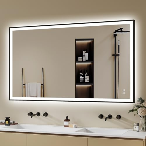 Badspiegel-mit-Beleuchtung 120x70cm - Badezimmerspiegel LED Badezimmer Spiegel mit Beleuchtung - Beschlagfrei, Dimmbar, 3 Lichtfarben, Wandspiegel Led-Spiegel-Bad Metallrahmen Horizontal/Vertikal