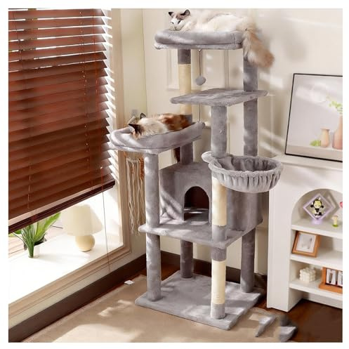 Multi-Level Cat Tree with Scratching Pads Perches Semi-Enclosed Cat Bed Hammock Basket and Hanging Ball Toy Cats Tower H145cm (57.1) Wall-Mountable Sturdy and Stable Rope with No Shedding