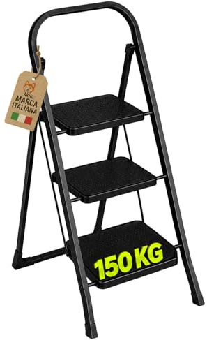 AkitaInk Scaletta Pieghevole in Acciaio Nero Antiscivolo, Scala Multiuso a 3 Gradini, Salvaspazio, Portata 150 kg, Certificata EN14183