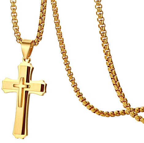 Flongo Herren-Kette Männer Anhänger Halskette Rosenkranz Kette Silber Schwarz Gold Jesus doppelte Kreuz Kruzifix Herren-Accessoires
