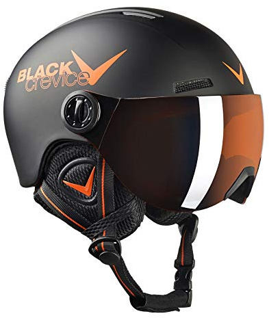 BLACK CREVICE Casco de esquí para niños Leogang I Casco esquí con viseraestilo piloto I Casco Snowboard para niños y niñas I Casco esquí Transpirable I (52-54, Negro/Mate Naranja)