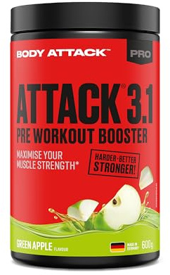 Body Attack PRE WORKOUT BOOSTER – Green Apple, 600 g - Hochdosierter Pump Booster mit Koffein, L-Arginin, Taurin & Creatin - Speziell entwickelt für Bodybuilding & Muskelaufbau Training