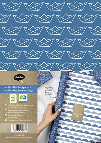 Geschenkpapier-Set: Papierboote (zur Geburt, Taufe, Kommunion, Konfirmation): 4x Einzelbögen + 4x Geschenkanhänger