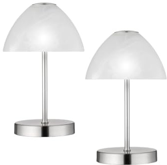 meineWunschleuchte Tisch-lampen stufenweise dimmbar mit Glasschirm, Silber | 2er Set, Höhe 24cm, mit Tasterknopf, LED Nachttischlampen, Designklassiker, für Schlafzimmer & Wohnzimmer