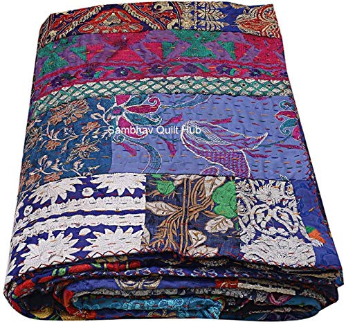 handgefertigte Vintage-Seide, Sari, Jari, Patchwork, Khambhadiya, Kantha, Quilten, Kantha, Steppdecke, wendbar, Kantha-Steppdecke, Überwurf, Decke, Doppelbett, Queen, King Size, Blau, 228 x 274 cm