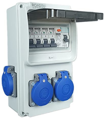 RoadEu Stromverteiler 230V, 4x Schuko Steckdose mit Schalter, Steckdosenverteiler mit Fi Schutzschalter 40A typ A/AC, 4x LS C16A. Baustromverteiler IP44.