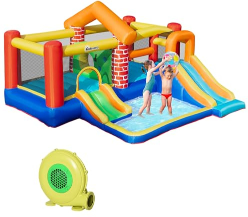 Outsunny 4 in 1 Kids Bouncy Castle Extra Large Double Slides & Trampoline Design Inflatable House Pool Climbing Wall with Blower Carrybag for Kids Age 3-8, 3.8 x 3.7 x 2.3m