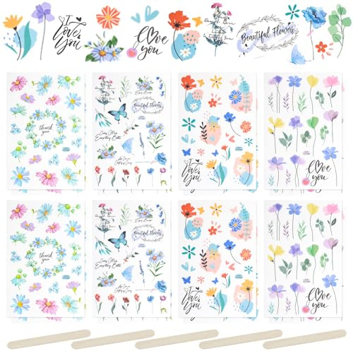 WANDIC 16 Blatt Rub-On-Transfer-Aufkleber - Blumenmuster-Aufkleber, Blume, ästhetische Dekoration für Scrapbook, Tagebuch, Planer, Album