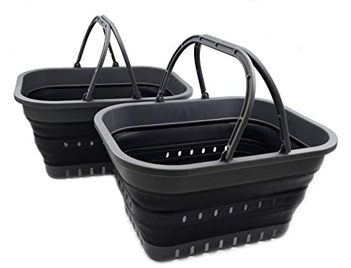 SAMMART 19L zusammenklappbare Wanne mit Griff – tragbarer Outdoor-Picknickkorb/Krater – Faltbare Einkaufstasche – platzsparender Aufbewahrungsbehälter (Grau/Schwarz (2er-Set))