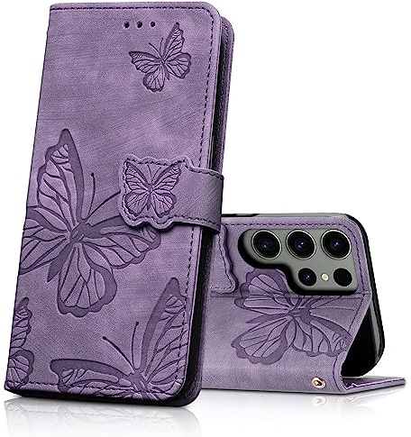 CXTcase Handyhülle für Samsung Galaxy S23 Ultra Hülle,Schutzhülle Flip Case für Samsung Galaxy S23 Ultra,PU Leder Magnetische Schmetterlings Lederhülle Tasche für Samsung Galaxy S23 Ultra,Lila