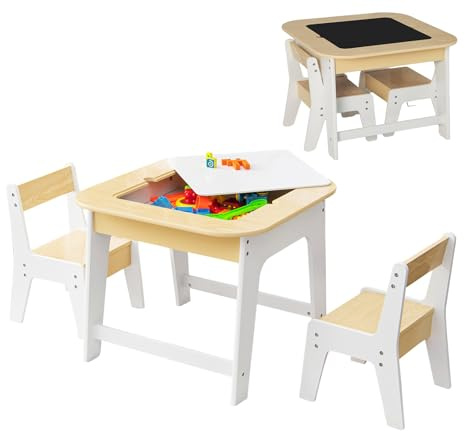 DREAMADE Kindertisch mit 2 Stühlen, Kinder Tisch Stuhl Set mit doppelseitiger Tischplatte & Stauraum, 3tlg. Kindersitzgruppe für Kinder ab 3 Jahren für Kinderzimmer Kindergärten (Natur+Weiß)