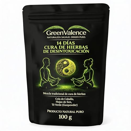 GreenValence Infusión de Hierbas Detox 14 Días - Mezcla de Té Verde, Hojas de Sen y Cola de Caballo - Infusión de Hierbas Natural para Rutina de 14 Días - Sin Aditivos (100 g)