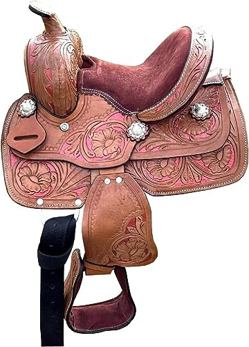 Western Kids Pleasure Trail Saddle with Suede Seat | Floral Tooled Horse Saddle Tack Set | Riding Pleasure Racing Saddle 10'' 11'' 12'' 13'' (13 Seat)