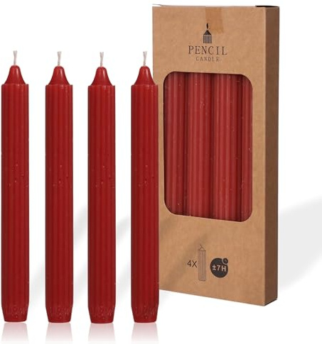 comforder Stabkerzen Set, 4x Tafelkerzen gerippt, 20cm, 7 Std (Rot) | Bleistiftkerzen einfarbig, Paraffin, rußarm, tropffrei, geruchlos, Geschenkidee