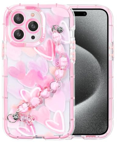 YEPO For iPhone 15 Pro Case Cute Wrist Strap, Pink Heart Design Soft TPU Shockproof Protective Clear Phone Cases for iPhone 15 Pro Girls Women