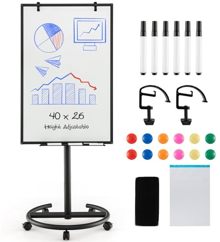 S AFSTAR Mobile White Board Dry Erase, 40x26” Rolling Magnetic Whiteboard W/Adjustable Stand, Dry Whiteboard Eraser, 2 Flipchart Hooks, 25 Sheets Paper Pad, 6 Markers, Standing Portable White Board