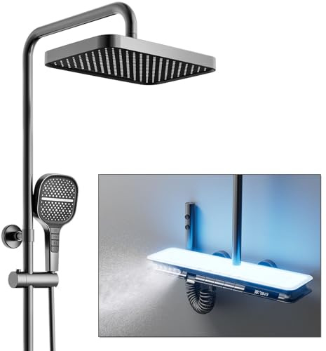 BEITH Sistema de Ducha Termostático, Moderno Lujoso 6 Funciones Columna de Ducha con Masaje Corporal, Lluvia, Cascada Cuadrado Set De Ducha con Grifo, Teclas del Piano, Pantalla Digital, Altura Fija