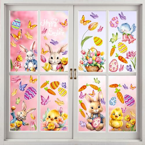 JOFONY Ostern Aufkleber Fenster,8 Blätter Fensteraufkleber für Oster,Fenstersticker Ostern Selbstklebend mit Ostereier Hase,Fensterdekoration für Kinderzimmer Oster Dekorationen