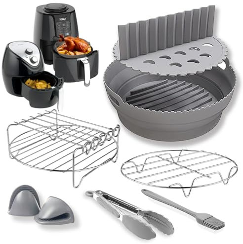 9 Pcs Premium Ninja Air Fryer Accessories, Collapsible Round Silicone Air Fryer Liner, Design to fit AF100UK, AF160UK, Ninja 15 in 1 Multicooker, 3.8L & Above Round Air Fryers, 2.6mm Thickness (Grey)