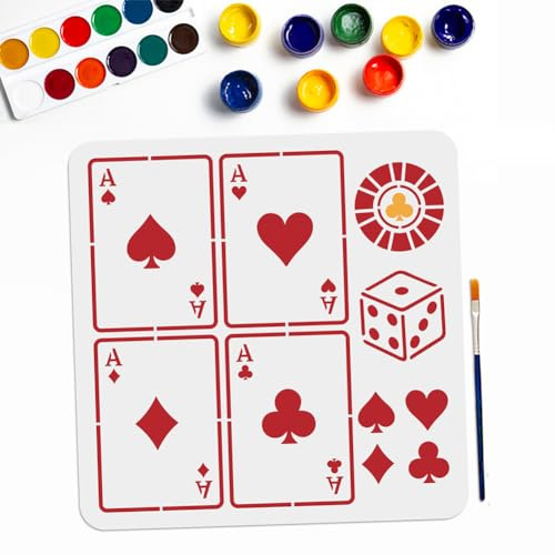 MAYJOYDIY Spielkarten Würfel Schablone Herz Kreuz Malschablone 30×30cm Mit Pinsel Karo Pik Eine Vorlage Zum Malen Zeichenvorlage für Wandmalerei, Möbelgestaltung und Geschenkideen