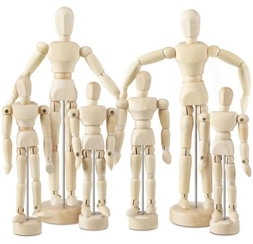 JAVERGGN 6-Teiliges Künstler-Mannequin-Modellset Aus Hölzernen Manikins für Flexible, Bewegliche Zeichenfiguren mit Ständer.