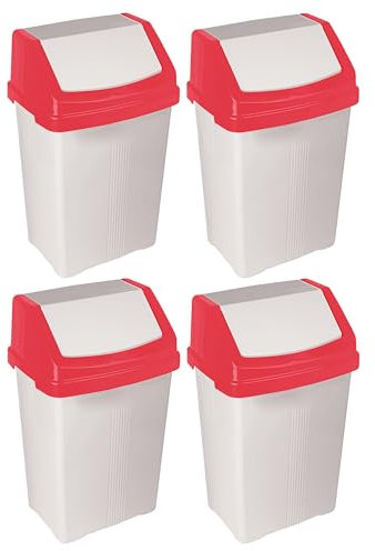(Set Of 4) - 50L Litre Plastic Bin with Flip Top Lid Waste Recycle Dustbins Trash Can Under Kitchen Counter Bin Refused Bins Suitable For Garden, Garage, Office, Kitchen & Bathroom - (WHITE, RED)