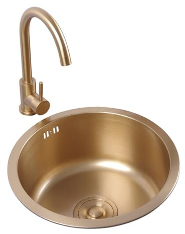 32/36/40cm cucina rotondo Lavello dorato Lavello Cucina 1 Vasca Lavabo da Cucina Incasso al mobile Lavelli piccoli con Rubinetto for bar/cucine/caravan/yacht(40cm(15.7))